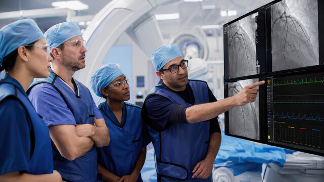 Medical team of cardiologists reviewing coronary angiogram and heart monitoring screens in a catheterization lab