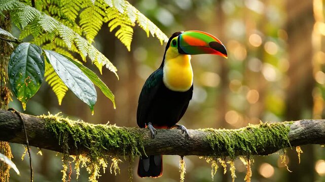 A vibrant keel-billed toucan perches upon a mossy branch amidst the humid foliage of a lush tropical rainforest while displaying its colorful plumage to the surrounding wild jungle environment