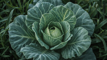 Obraz premium fresh green cabbage plant close up vibrant leafy foliage in lush field organic agriculture healthy farm produce natural gardening background high res fresh vegetable growth macro detail eco friendly f