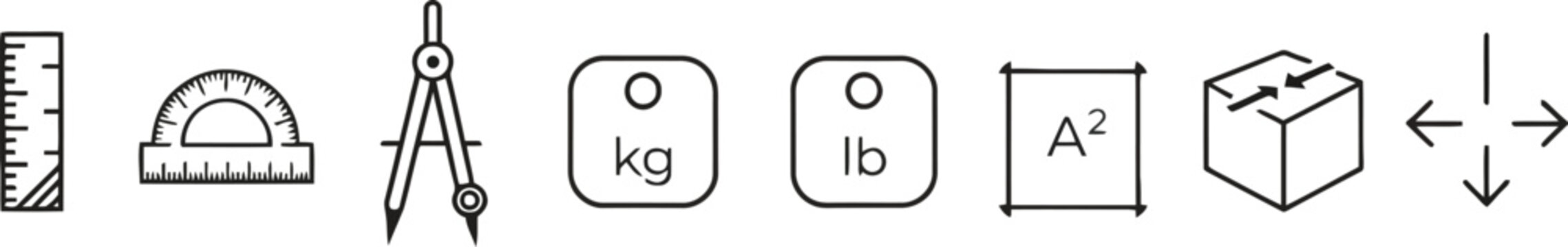 Measurement icons for size weight and dimension calculation with ruler protractor compass and box