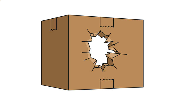 Cardboard shipping box with a large broken hole on the front side representing damaged delivery.