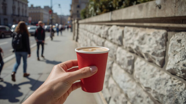 warm red coffee cup held by hand on sunny urban city sidewalk blurred street life stone wall background cozy morning vibe
