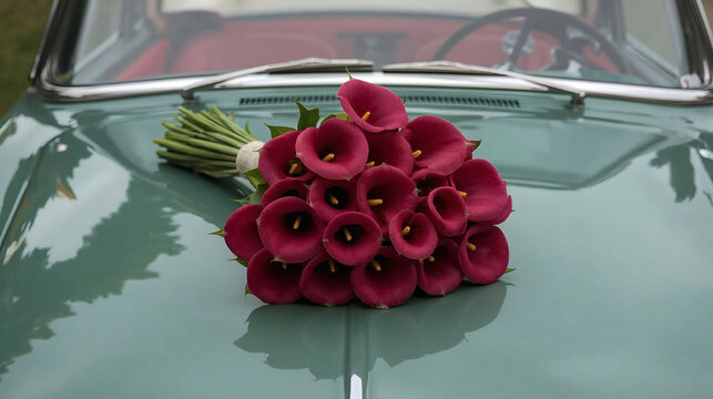 vintage green car with red interior and magenta calla lily bouquet retro floral contrast artistic