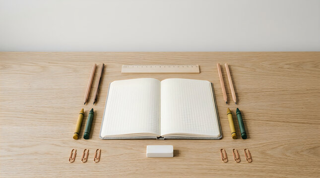 Flat lay composition of school stationery supplies on a wooden desk for celebrating the annual teacher's day event