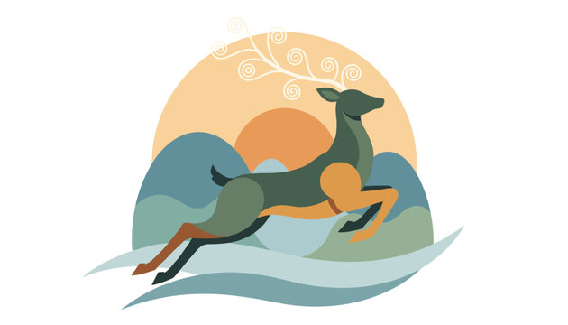 Stylized geometric illustration of a majestic deer leaping gracefully over mountains under a bright sun.