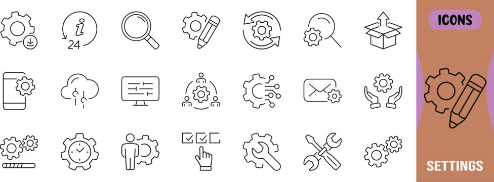 Settings customization support vector icons. gear icon set, wrench icon set, magnifying icon set