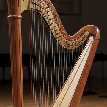 Warm wood harp, soft light, waiting to sing.