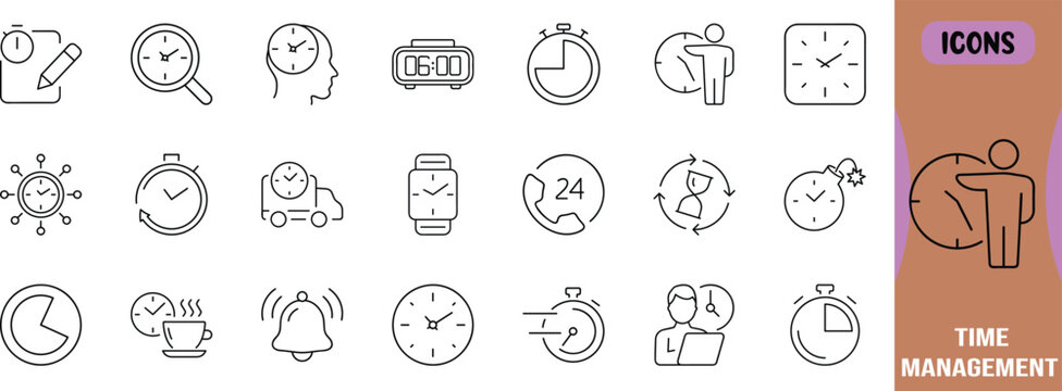 Time management outline vector icons. clock icon set, stopwatch icon set, wristwatch icon set