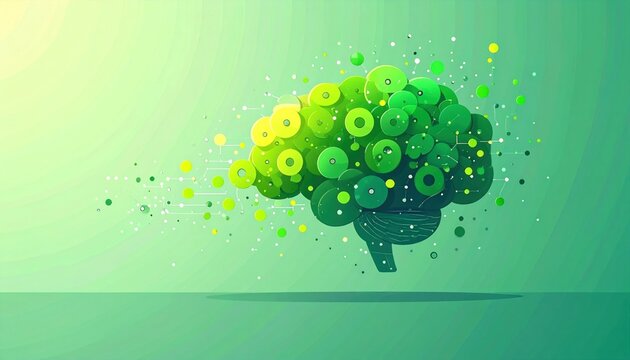 Green brain made of circles floating.