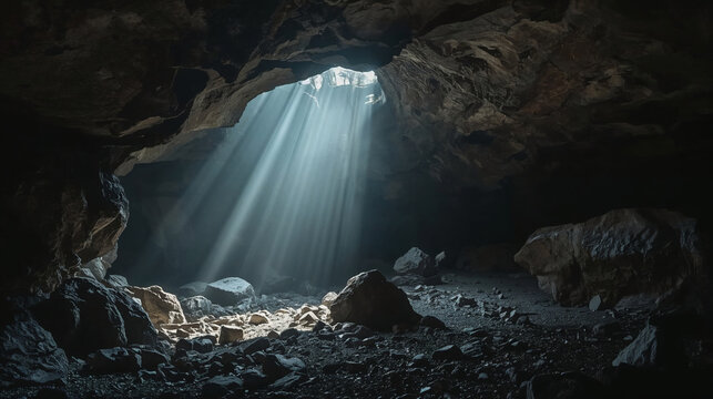 mystical sunlight beams illuminate rugged cave interior dramatic light and shadow contrast serene nature landscape atmospheric underground cavern photography for wall art