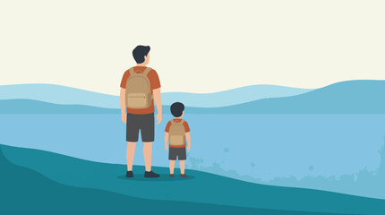 Father and son travelers admiring tranquil lake and mountain landscape