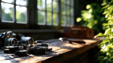 Obraz premium Sunlit workbench with camera, clock gears, and foliage by window in warm, nostalgic wooden setting