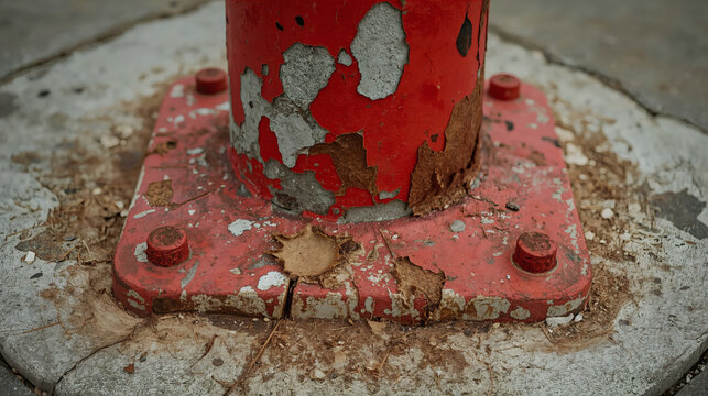 close up textured weathered red metal post peeling paint rusted bolts secured concrete base industrial decay vintage grunge background