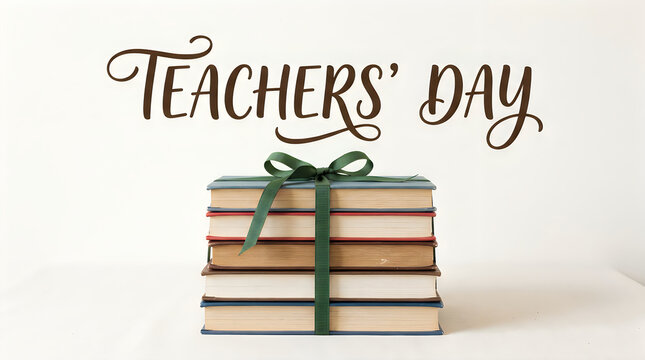 A stack of old books tied with a green ribbon and a decorative sign celebrating teacher's day holiday event