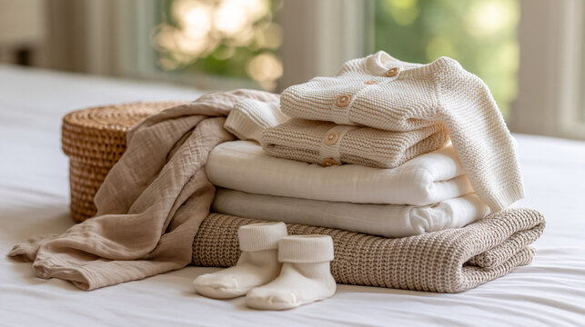 Tiny newborn clothing swaddle cloth socks and muslin blankets on clean bed showcasing newborn preparation and calm nesting