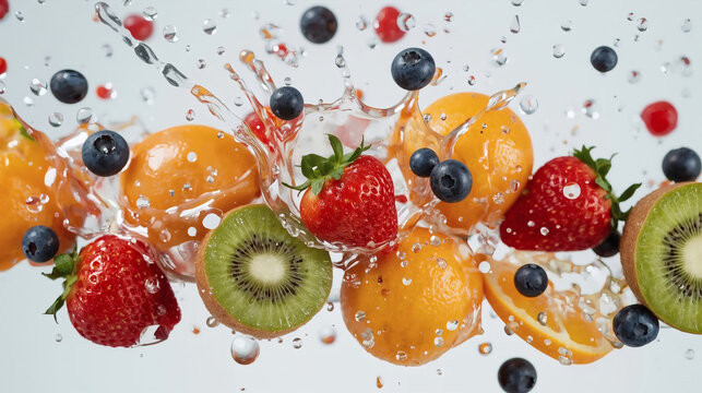 vibrant splash of fresh fruits strawberries oranges kiwi blueberries in mid air with water droplets dynamic action food photography for juices smoothies healthy lifestyle ads kitchen decor