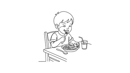 Fototapeta premium A cute little boy eating pasta with a fork at the dining table.