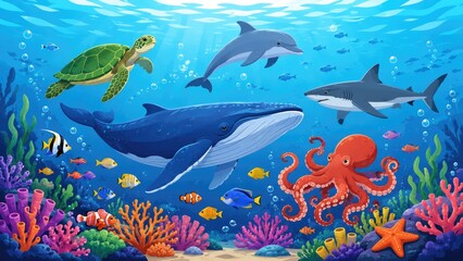 Obraz premium Colorful underwater illustration of a coral reef with whale, dolphin, shark, turtle, octopus and tropical fish