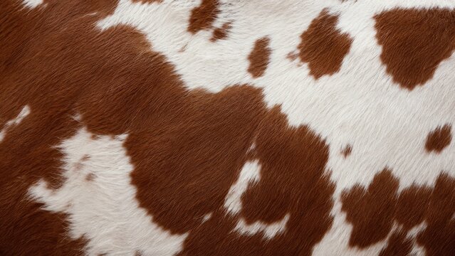 Close-up of brown and white cow hide fur with soft textured hair and irregular spotted pattern