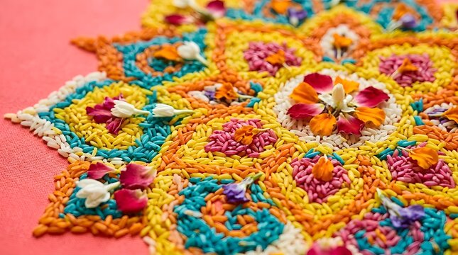 Colorful floral rangoli art made from colored rice and flowers