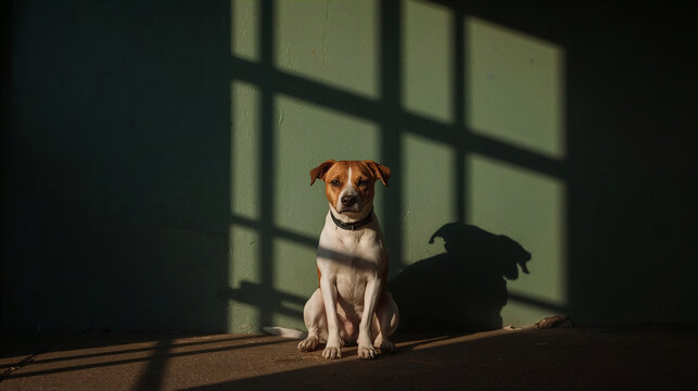 cute dog in dramatic sunlight casting sharp shadows on green wall artistic serene pet portrait high resolution