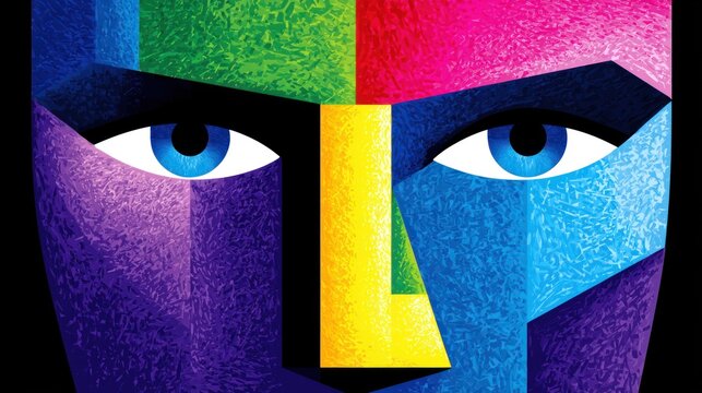 Vibrant geometric face illustration with multicolored segments and piercing blue eyes