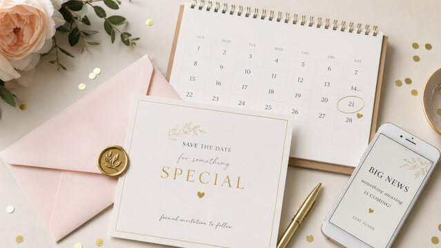 Elegant wedding save-the-date flat lay with calendar, blush envelope, card, smartphone, rose and gold accents for engagement or bridal announcements