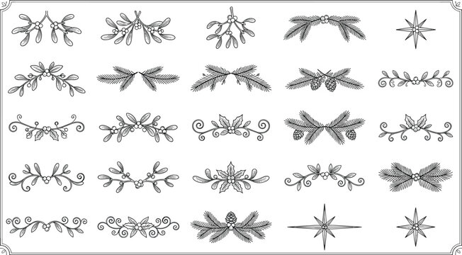 Hand drawn Christmas floral dividers set with botanical branches leaves mistletoe stars and decorative flourishes vector elements. (17 words).eps