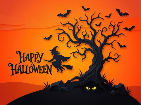 Spooky happy halloween background featuring a witch flying past a dark tree with glowing monster eyes