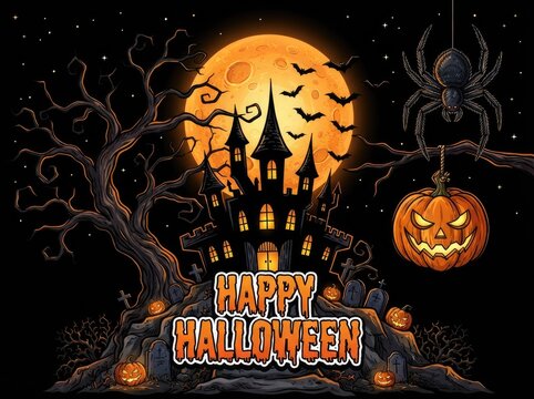 Spooky haunted house silhouette with full moon and glowing jack o lantern for happy halloween celebration