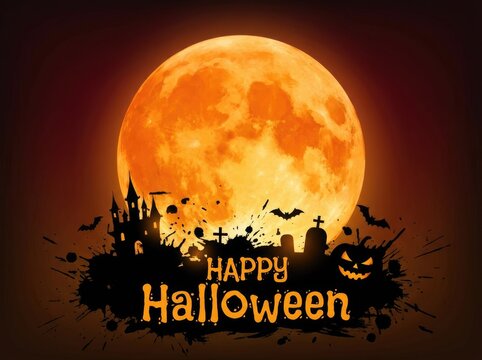 Spooky happy halloween background featuring a large glowing full moon over a dark haunted castle silhouette