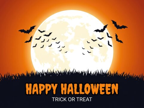 Spooky halloween background featuring a glowing full moon with flying bats and dark grass silhouette design