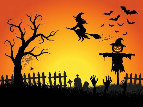 Spooky halloween background featuring a witch flying on a broomstick with a scarecrow and graveyard silhouettes