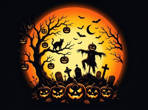 Spooky halloween background featuring a scary scarecrow and glowing jack o lanterns in a dark graveyard