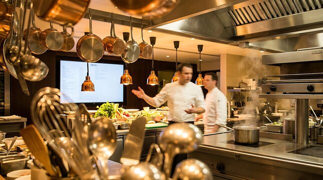 Two chefs in a bustling professional kitchen, surrounded by hanging copper pots and various cooking utensils, with steam rising from a pot on the stove.