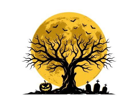 Spooky halloween scene with a silhouette of a bare tree against a giant glowing full moon