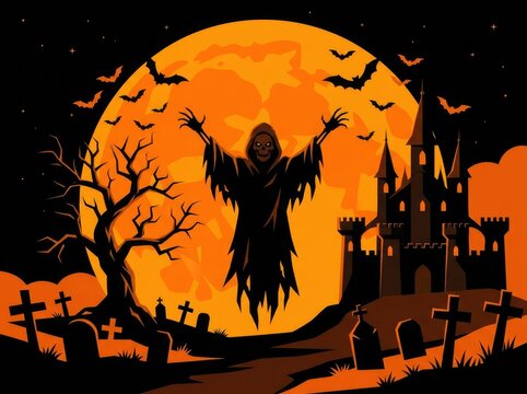 Spooky halloween background featuring a ghost rising before a giant orange moon and haunted castle silhouette