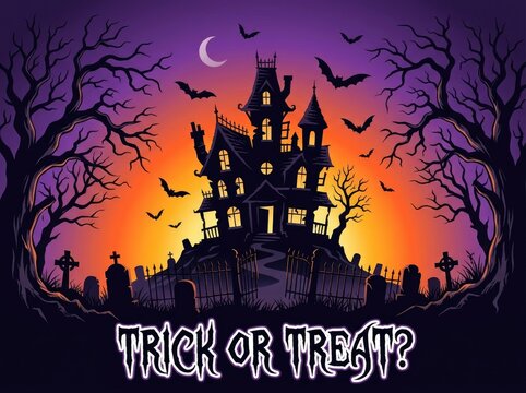 Spooky haunted mansion on a hill with bats and a crescent moon for a halloween background