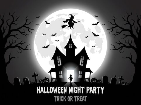Spooky halloween night party poster featuring a haunted house silhouette with a witch and full moon