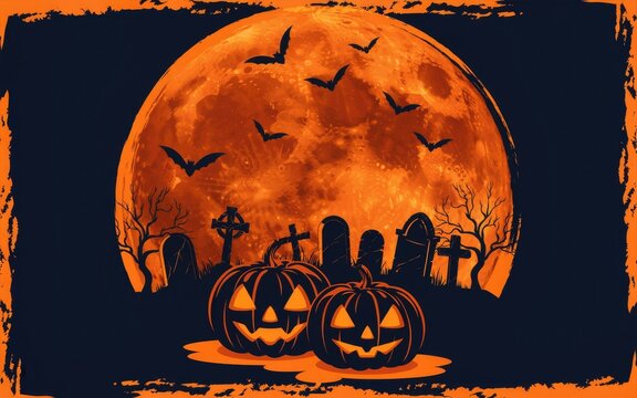 Spooky halloween background featuring carved pumpkins in front of a giant glowing orange full moon scene