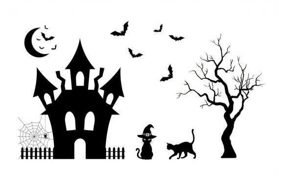 Black silhouette illustration of a spooky haunted house for a festive and scary halloween holiday design