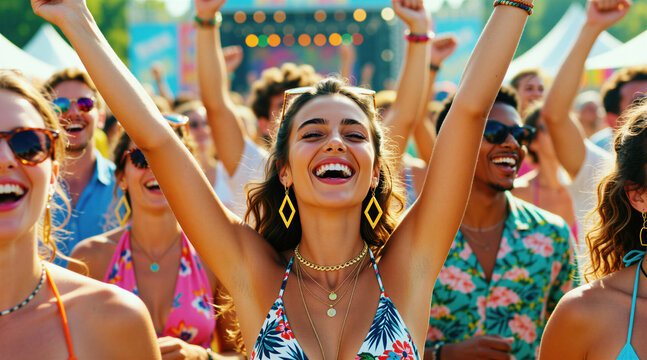 Happy young woman with arms raised dances at sunny summer music festival outdoor. Cheerful crowd of people enjoy concert party under bright sun. Friends celebrate vacation holiday together fun in