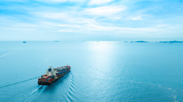Aerial view of the freight shipping transport system cargo ship container. international transportation Export-import business, logistics, transportation industry concepts	