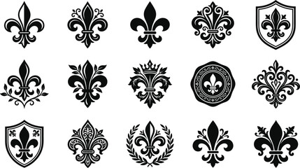 Ornate Fleur De Lis Heraldic Logo Emblem Vector Icon Set with French Royal Lily Shields Leaves Wax Seal Stamp and Wreath Graphics for Luxury Corporate Branding © Himel