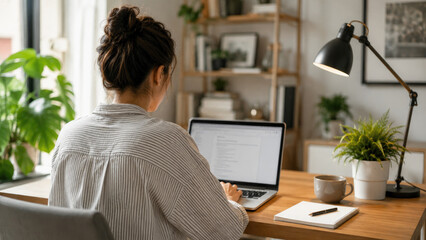 Obraz premium Woman working on a laptop at a wooden desk in a bright home office with plants, notebook, coffee mug, and a desk lamp