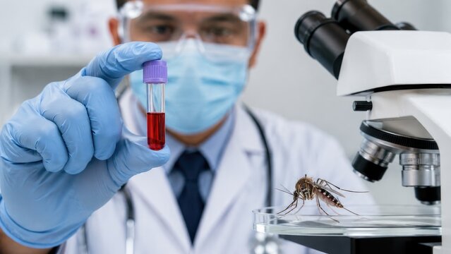 Laboratory scientist in PPE holding a blood vial near a microscope and a mosquito on a petri dish during medical research analysis