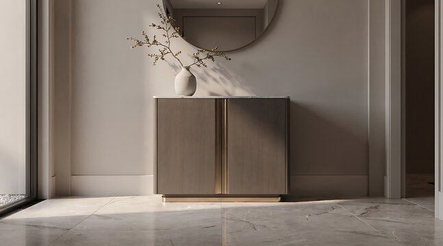 Elegant modern entryway cabinet with decorative vase and mirror.