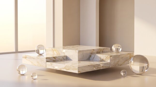 Minimalist 3D render of a floating tiered marble podium with transparent glass spheres in a soft beige interior
