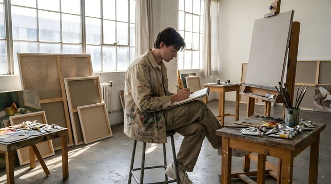 Male artist sketching in a sunny traditional art studio.