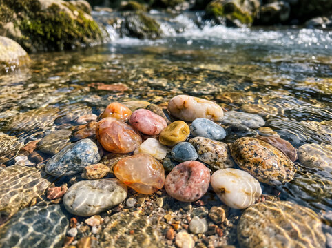 Smooth colorful river pebbles under clear flowing shallow stream water